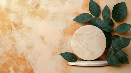 Elegant marble podium displaying products with leaves and textured background for beauty and cosmetic product presentation and advertisement