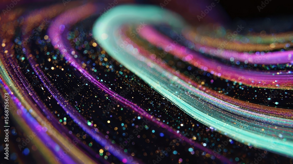 Poster abstract swirling design with shimmering lines and glittering particles.