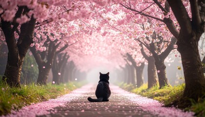 Cherry blossom tunnel with silhouette cat