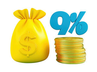 Vibrant yellow money bag with dollar sign sits next to stack of shiny gold coins, accompanied by bold blue percentage symbol. This conveys themes of finance, wealth, and investment opportunities