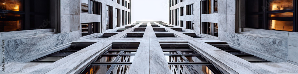 Poster marble-faced building exterior with symmetrical window pattern