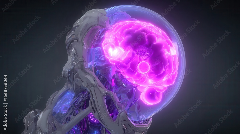 Poster close-up of a futuristic robot head with glowing brain.