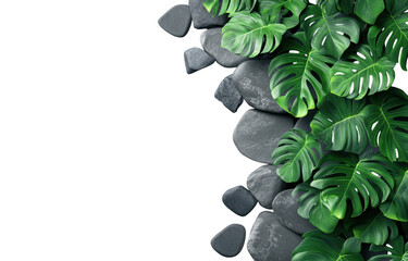 Lush monstera plant with large green leaves surrounded by smooth gray stones, creating serene and natural atmosphere. This vibrant arrangement enhances any indoor or outdoor space