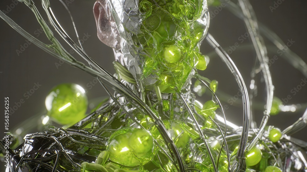 Poster abstract form with translucent green and metallic elements.