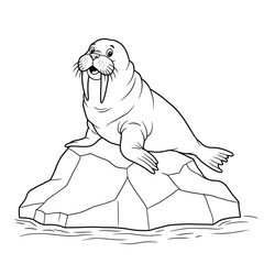 A walrus with long tusks sits on a large rock surrounded by water, illustrated in simple black-and-white line art for coloring.