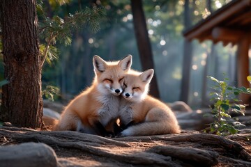 Two adorable fox kits cuddle
