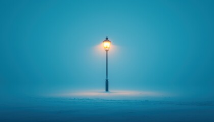 A solitary street lamp emits a warm glow, illuminating a snowy, foggy night scene with a tranquil blue atmosphere.
