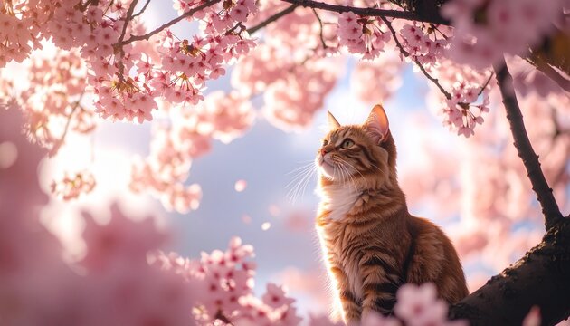 Cat sitting beneath blooming cherry tree