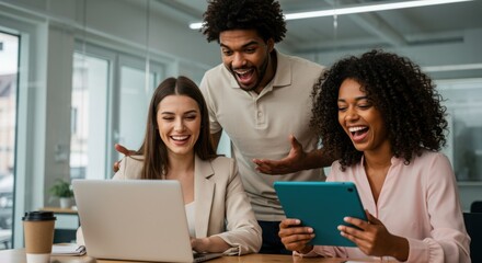 Photo of diverse team excitedly collaborating on a project