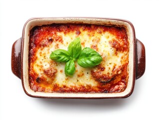 Delicious baked lasagna casserole with melted cheese tomato sauce and fresh basil garnish in a ceramic baking dish on white background