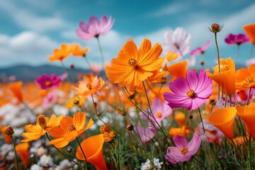 Obraz premium Vibrant flower field under a blue sky