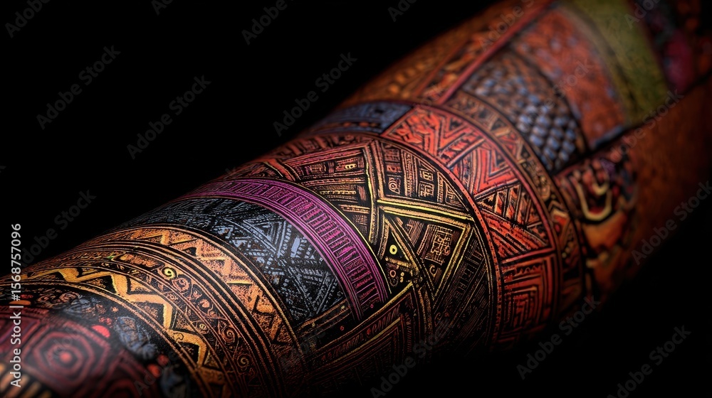 Poster intricate, colorful patterned design on a curved surface.