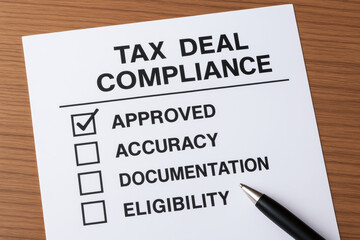 Tax deal compliance approved checklist with pen on wooden table for business accuracy and documentation process