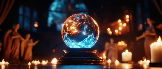 A glowing crystal ball sits on a pedestal surrounded by candles in a mystical, dimly lit room with blurred figures in the background.