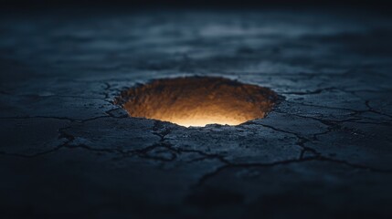 A glowing hole in cracked, dark ground emits warm light, creating a mysterious and dramatic atmosphere.