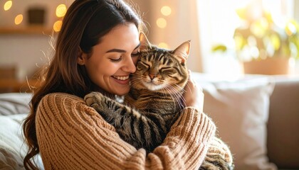 Woman embracing tabby cat happily