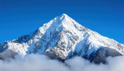 Snow-capped mountain peak rises above clouds under a clear blue sky, showcasing stunning natural beauty and winter tranquility.