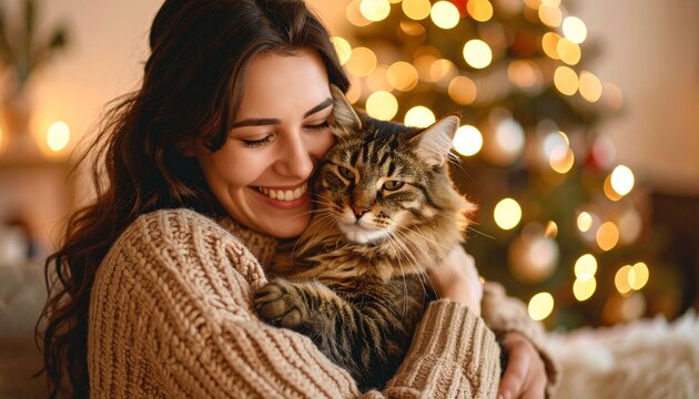 Cozy cat cuddle with festive background