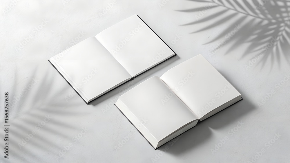 Poster two open blank books with white pages casting shadows from palm leaves on a textured white surface