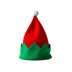 A classic red and green elf hat with a soft pompom, a fun and festive Christmas holiday costume accessory, isolated.