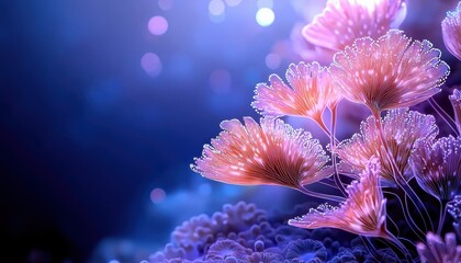 Fototapeta premium A glowing purplr sea anemone illuminated underwater.