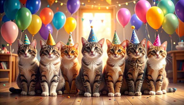 Happy cats with colorful balloons and hats