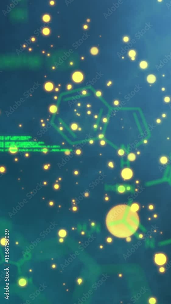 Poster animation of yellow spots floating over chemical structures and data processing on blue background