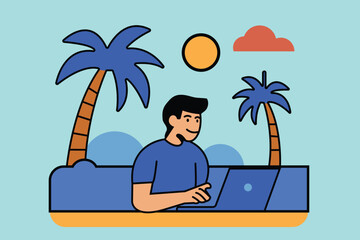 Freelancer connecting to the world from a beautiful sunny beach, showcasing the convenience and allure of remote work.