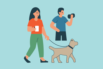 Modern flat design of a couple enjoying morning routine including dog walking coffee drinking and outdoor exercise promoting wellness fitness and healthy living