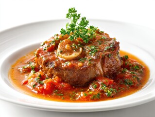 Juicy tender beef steak cooked in rich tomato garlic sauce garnished with fresh parsley served on a white plate perfect for gourmet dining and Italian cuisine
