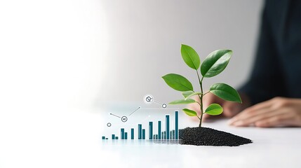 Symbolic representation of business growth and investment featuring a growing plant and a digital chart on a white surface