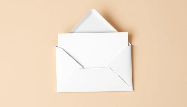 A blank white card rests inside a crisp white envelope, atop a neutral beige background, envelope,  notecard