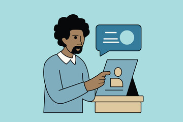 Professional man engaged in a digital presentation, analyzing information and communicating effectively in a business setting.