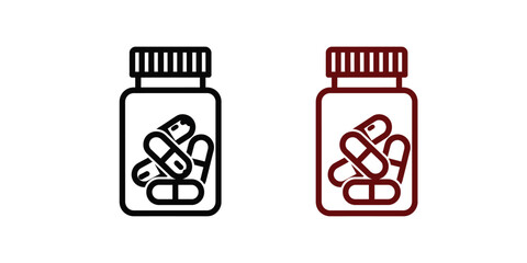  vector icon of a pill bottle with capsules, representing prescription, medication, or pharmacy."