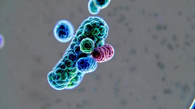 Microscopic view of colorful bacteria clusters, shot from above. The video style emphasizes vibrant colors and intricate cellular details.
