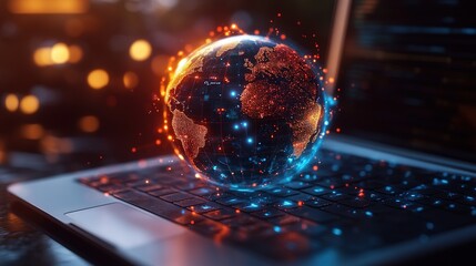 Digital Globe on Laptop Keyboard with Connecting Dots and Lights for Tech and Global Communication