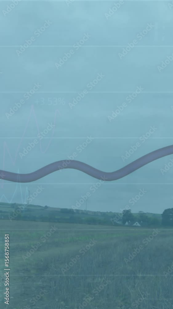 Aufkleber animation of arrow moving and statistical data processing over grassland against blue sky
