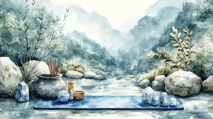 Zen Watercolor Landscape with Meditation Altar