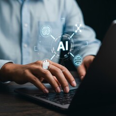 Person typing on laptop with ai interface artificial intelligence