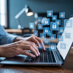 Person typing on laptop with digital lock icons cybersecurity