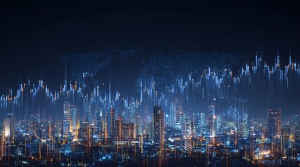 Financial trading chart overlaying a modern city skyline represents global business and investments.