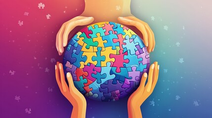 Colorful Puzzle Globe Held by Hands for Global Unity and Collaboration Design