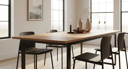 Modern Minimalist Dining Room Decor: Oak Table with Black Chairs and Stylish Decor
