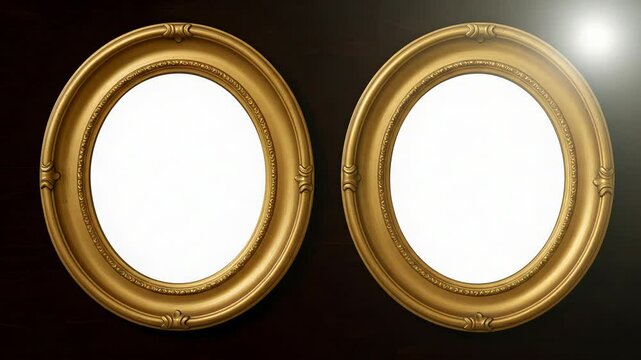 Two Golden Oval Frames Ornate Vintage Pair on Dark Wooden Background Perfect for Product Mockups And Decorative Elements