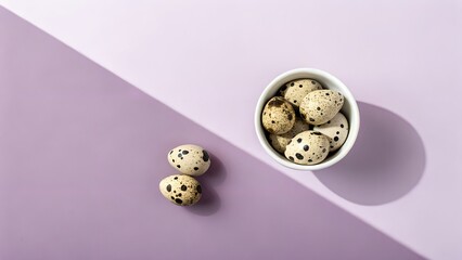 A white bowl filled with speckled quail eggs sits on a lavender surface with a diagonal shadow cast across it