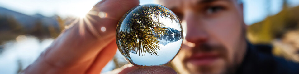 Obraz premium Glass Sphere Reflecting Mountain Landscape