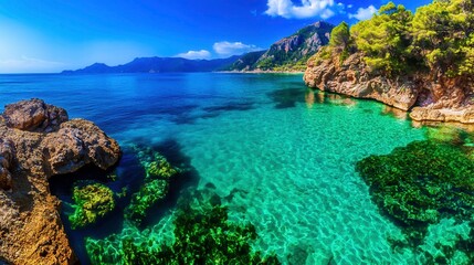 Crystal Clear Tropical Waters with Rocky Shoreline and Lush Greenery in Background