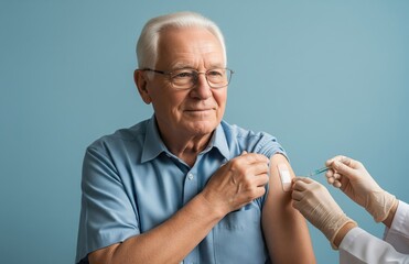 Calm senior citizen wearing plaster over vaccinated arm smiles gently against blue backdrop, encouraging others to get immunized for health and safety