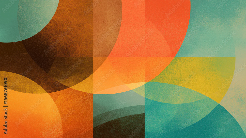 Aufkleber retro circles overlap in an orange, yellow and teal textured background creating a fun and abstract 