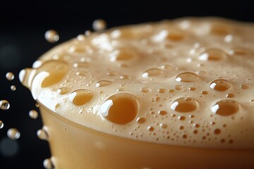 Close-up of Beer Foam with Bubbles and Splash, Ideal for Beverage Design and Brewing Content